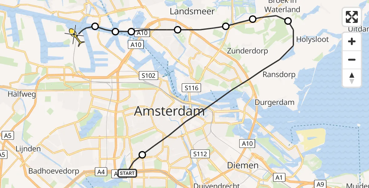 Routekaart van de vlucht: Lifeliner 1 naar Amsterdam Heliport