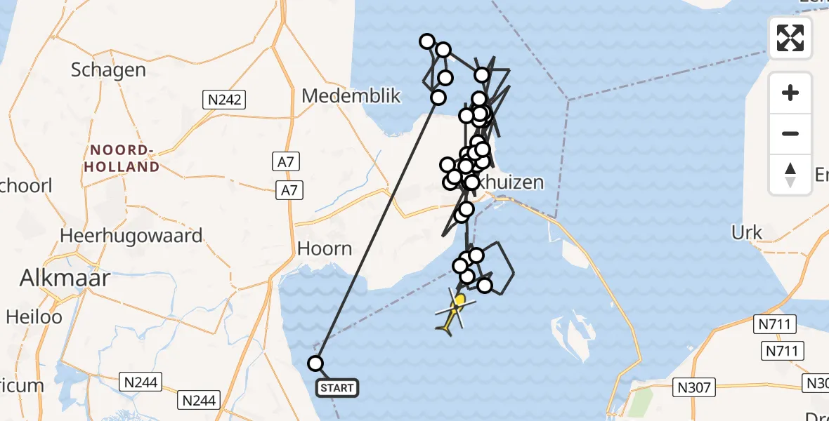 Routekaart van de vlucht: Politieheli naar Lelystad