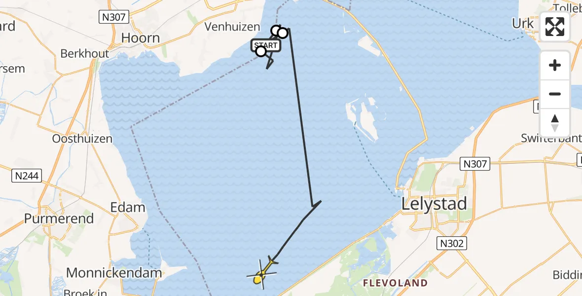 Routekaart van de vlucht: Politieheli naar Lelystad