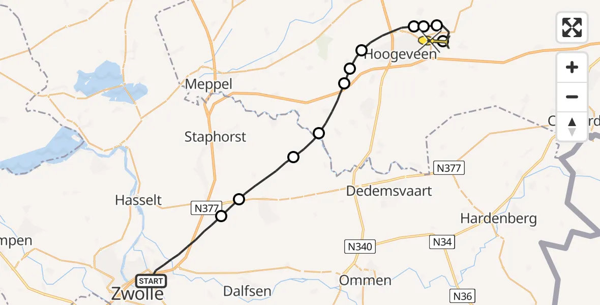 Routekaart van de vlucht: Traumahelikopter naar Vliegveld Hoogeveen