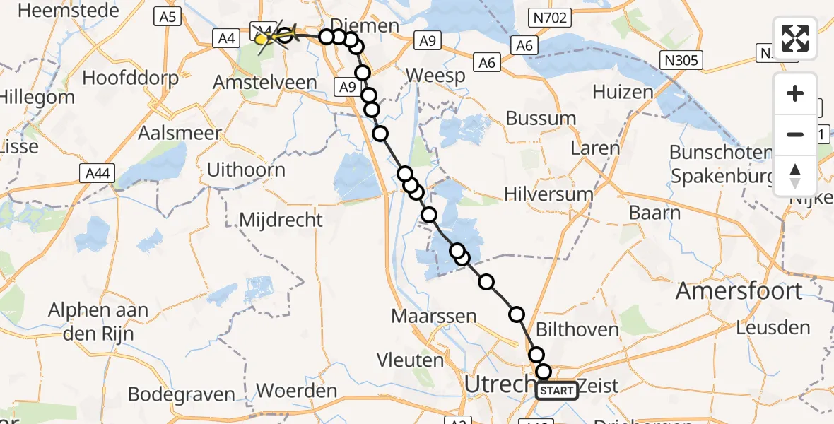 Routekaart van de vlucht: Lifeliner 1 naar VU Medisch Centrum Amsterdam