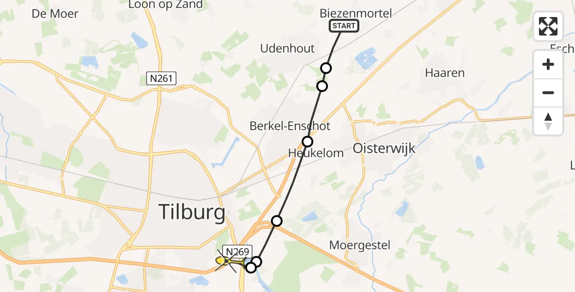 Routekaart van de vlucht: Lifeliner 3 naar Hilvarenbeek