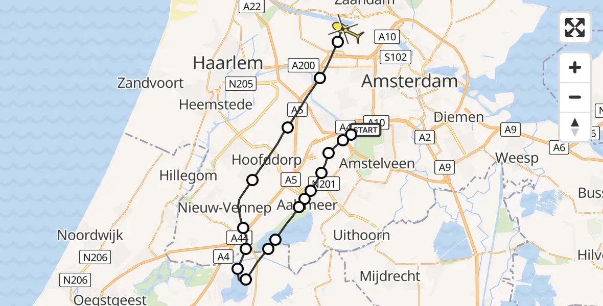 Routekaart van de vlucht: Lifeliner 1 naar Amsterdam Heliport