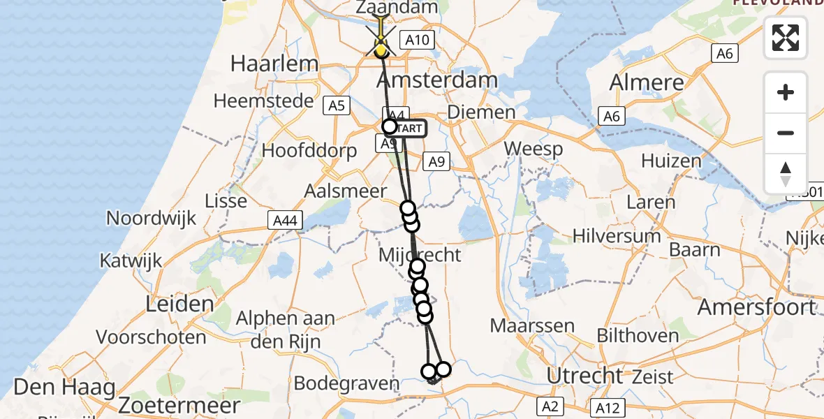 Routekaart van de vlucht: Lifeliner 1 naar Amsterdam Heliport