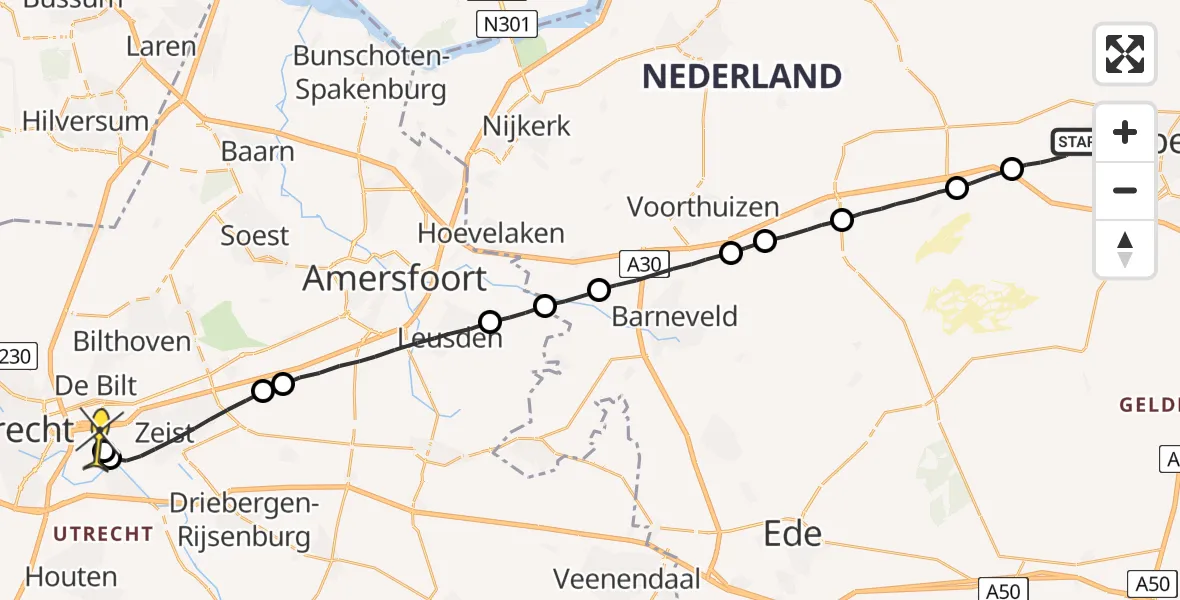 Routekaart van de vlucht: Lifeliner 3 naar Universitair Medisch Centrum Utrecht