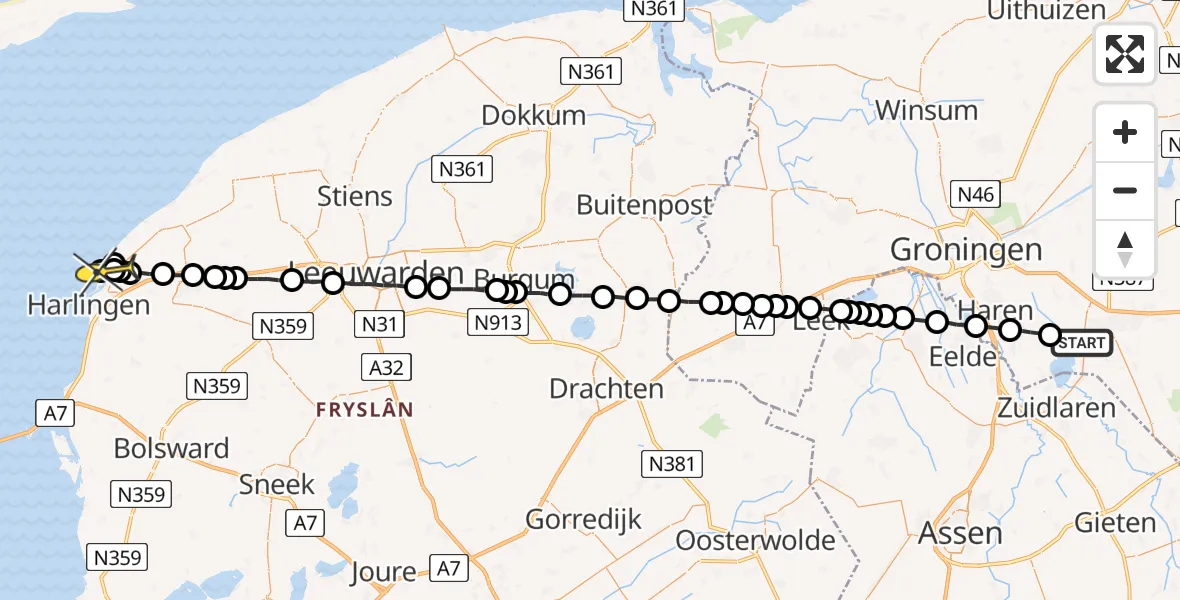 Routekaart van de vlucht: Lifeliner 4 naar Wijnaldum