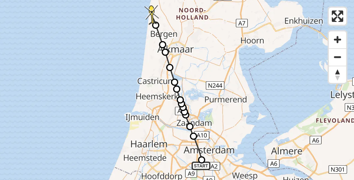 Routekaart van de vlucht: Lifeliner 1 naar Schoorl