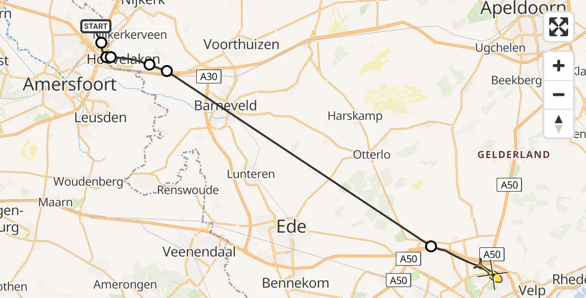 Routekaart van de vlucht: Politieheli naar Arnhem