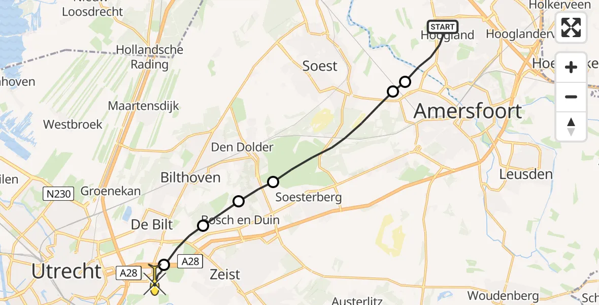 Routekaart van de vlucht: Lifeliner 1 naar Universitair Medisch Centrum Utrecht