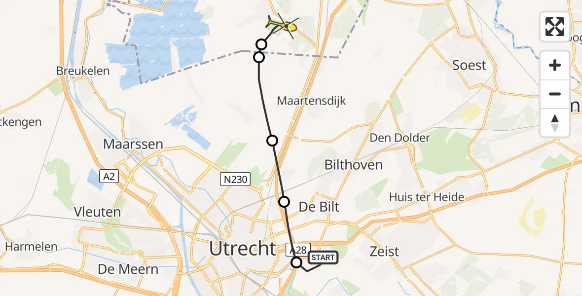 Routekaart van de vlucht: Lifeliner 1 naar Vliegveld Hilversum