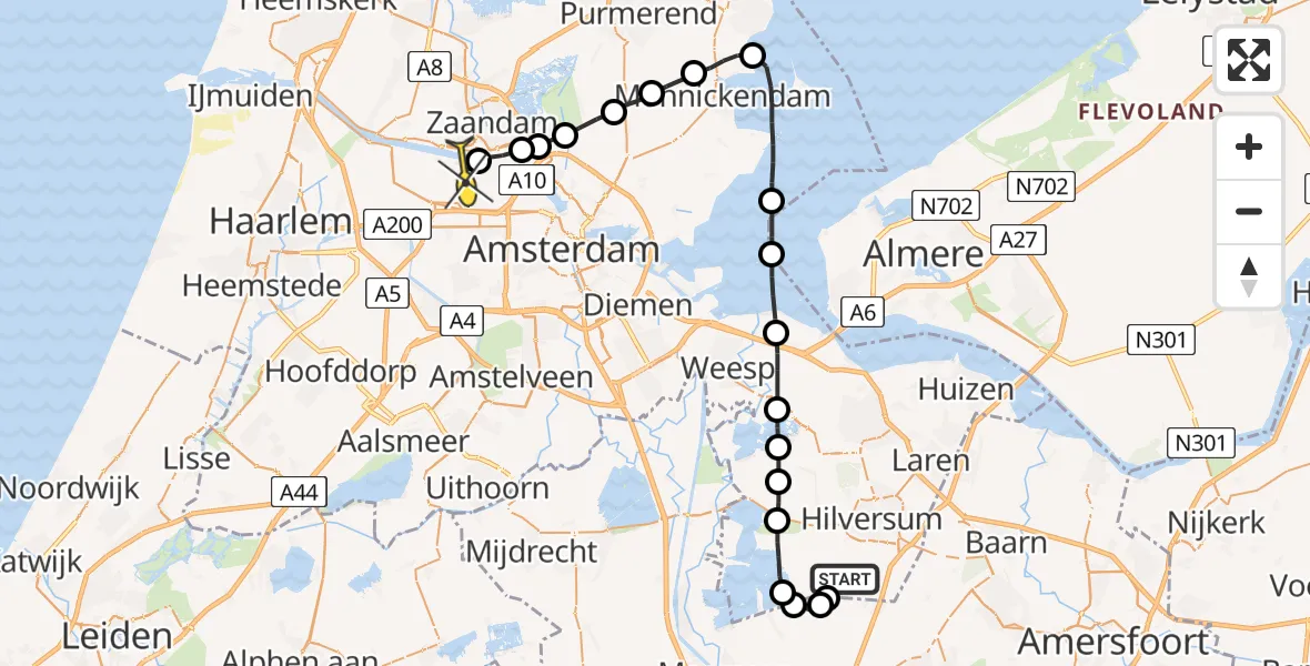 Routekaart van de vlucht: Lifeliner 1 naar Amsterdam Heliport