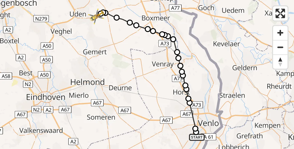 Vluchtroute Traumahelikopter Steyl - Vliegbasis Volkel, 10 oktober 2022, 08:29