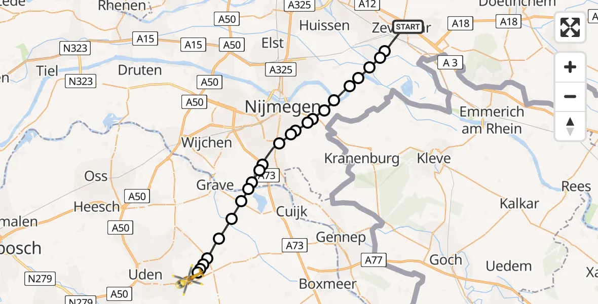 Vluchtroute Traumahelikopter Zevenaar - Vliegbasis Volkel, 10 oktober 2022, 11:33