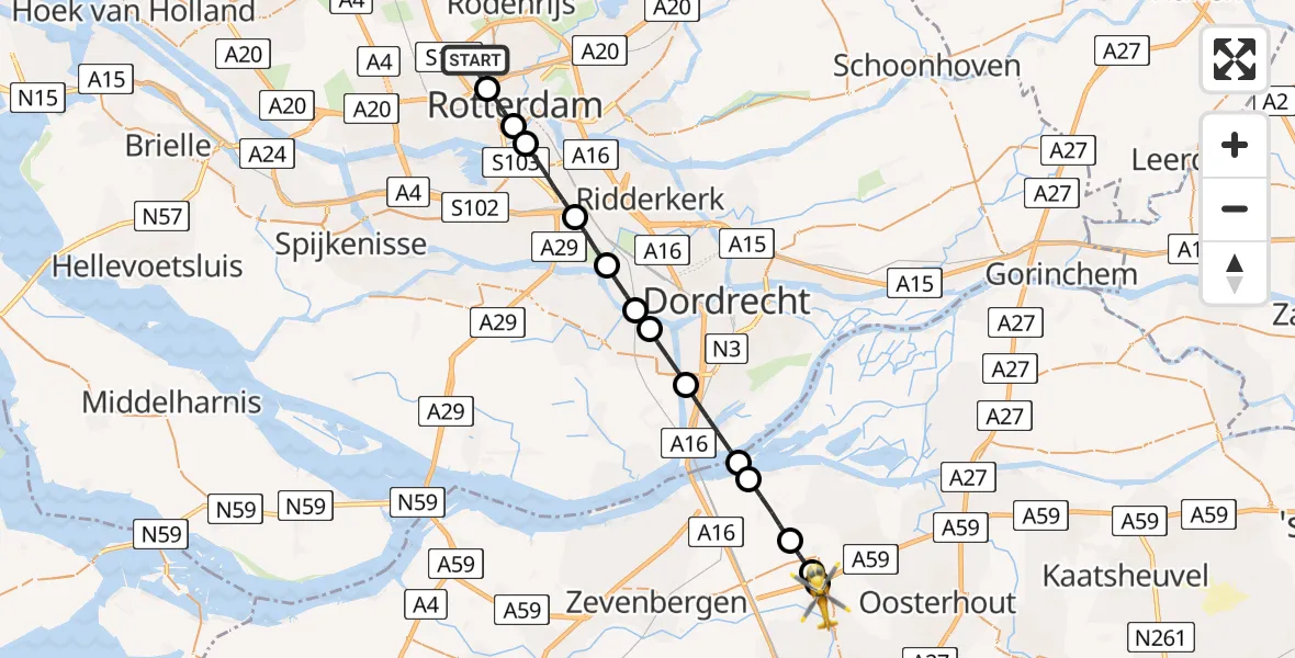 Vluchtroute Traumahelikopter Rotterdam The Hague Airport - Terheijden, 10 oktober 2022, 15:24