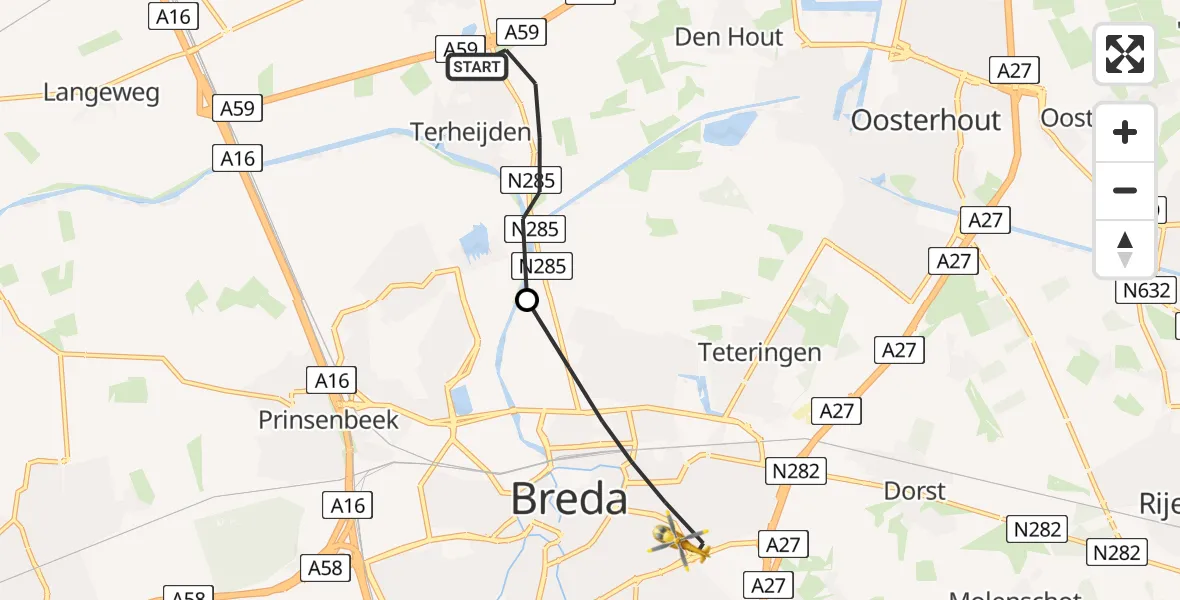 Vluchtroute Traumahelikopter Terheijden - Breda, 10 oktober 2022, 16:17