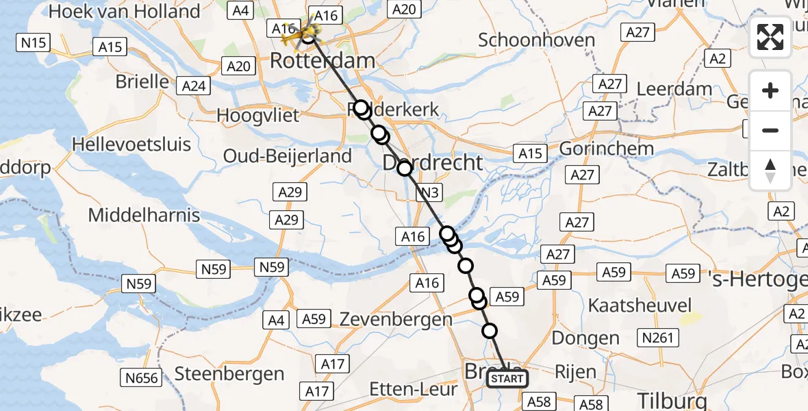 Vluchtroute Traumahelikopter Breda - Rotterdam The Hague Airport, 10 oktober 2022, 16:45