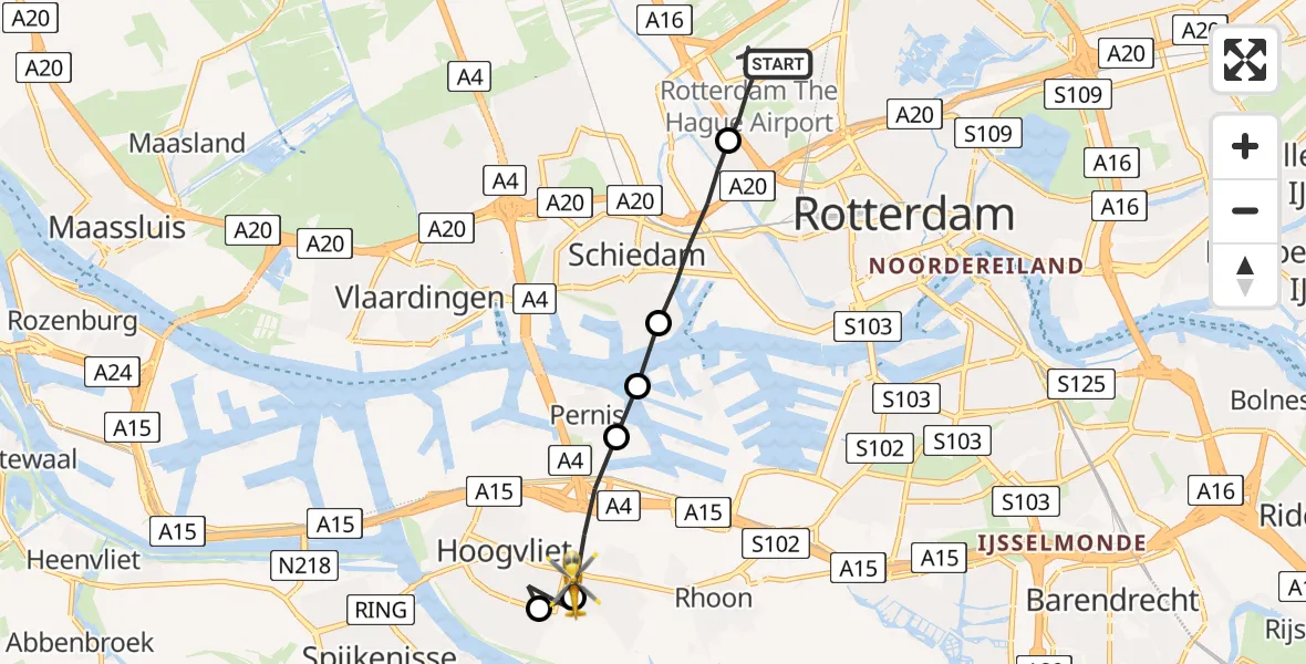 Vluchtroute Traumahelikopter Rotterdam The Hague Airport - Poortugaal, 10 oktober 2022, 18:53