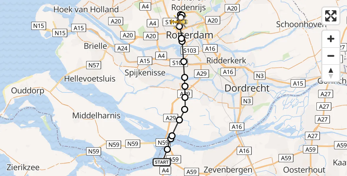 Vluchtroute Traumahelikopter Heijningen - Rotterdam The Hague Airport, 10 oktober 2022, 21:09