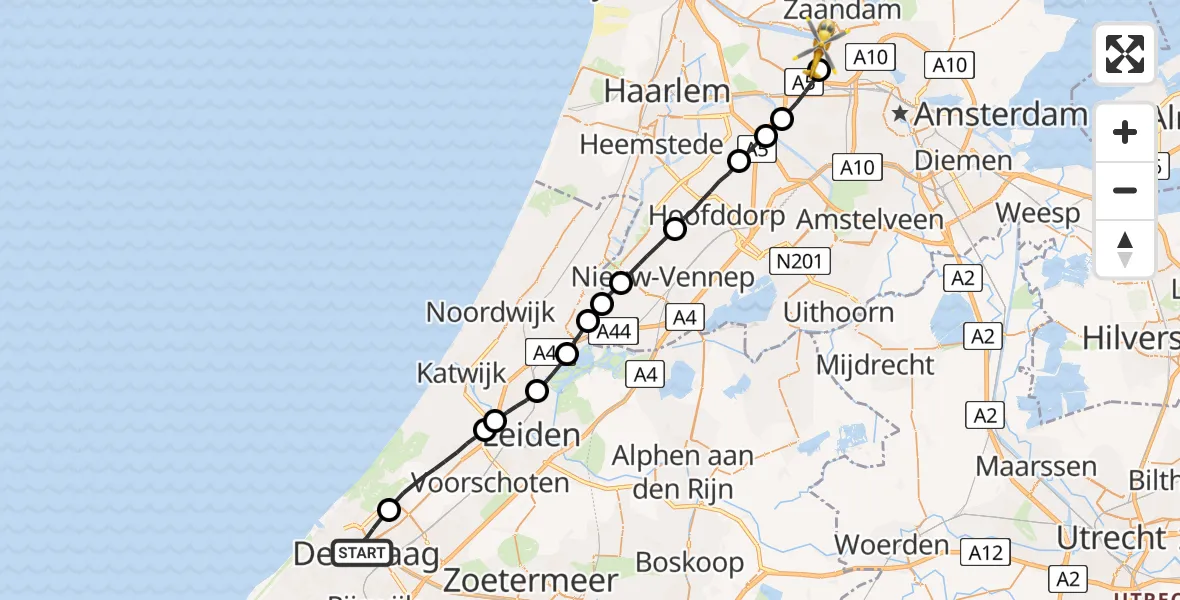 Vluchtroute Traumahelikopter Den Haag - Amsterdam Heliport, 10 oktober 2022, 21:50