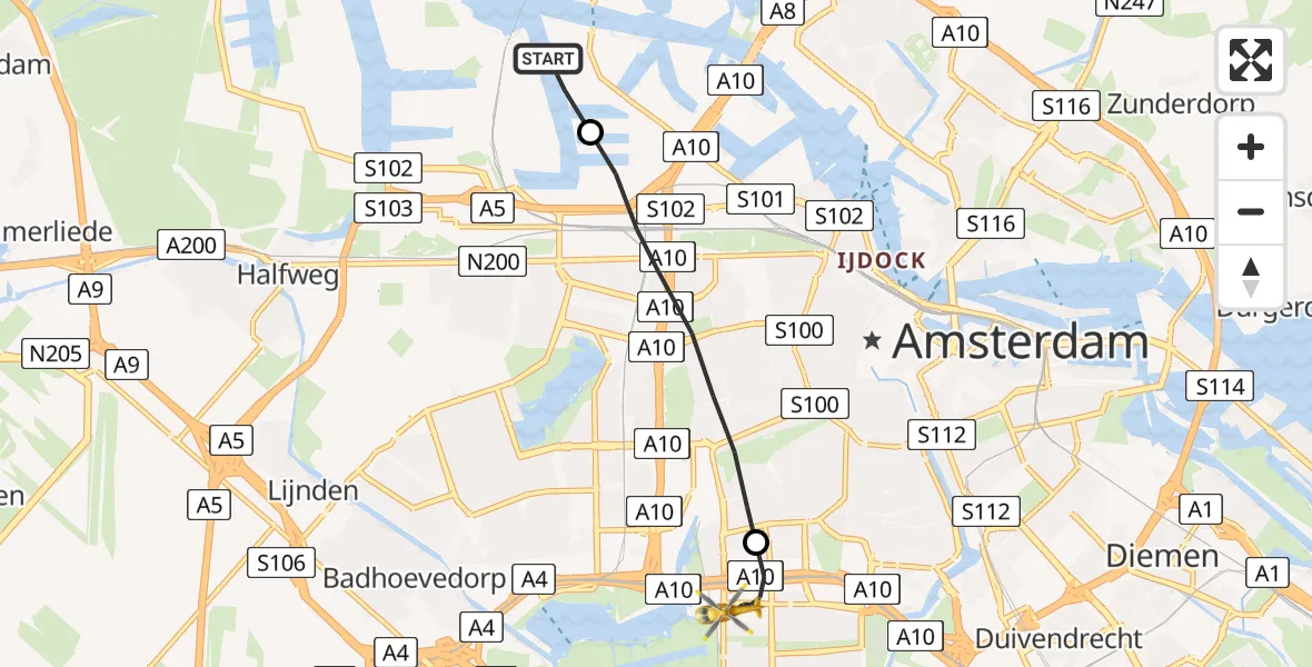 Vluchtroute Traumahelikopter Amsterdam Heliport - VU Medisch Centrum Amsterdam, 10 oktober 2022, 22:23