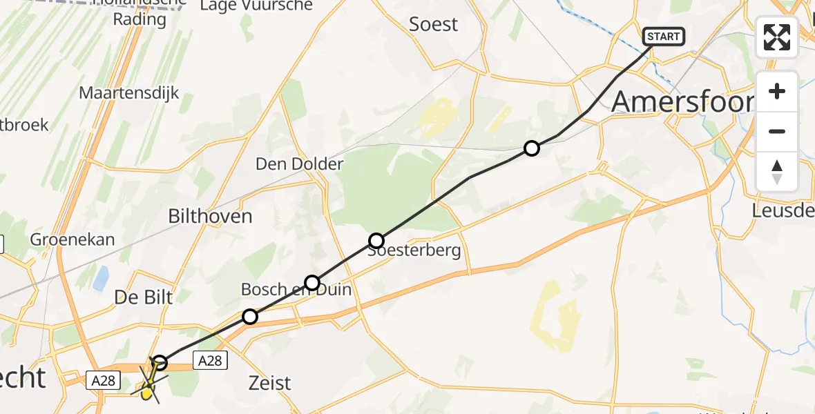 Routekaart van de vlucht: Lifeliner 1 naar Universitair Medisch Centrum Utrecht