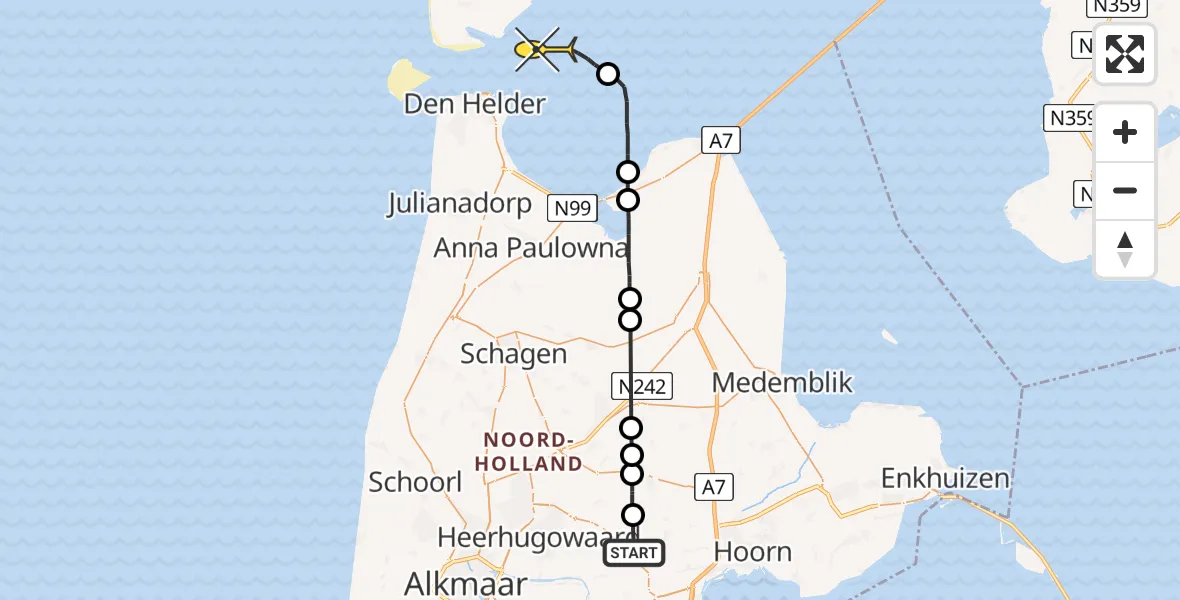 Routekaart van de vlucht: Politieheli naar Den Helder