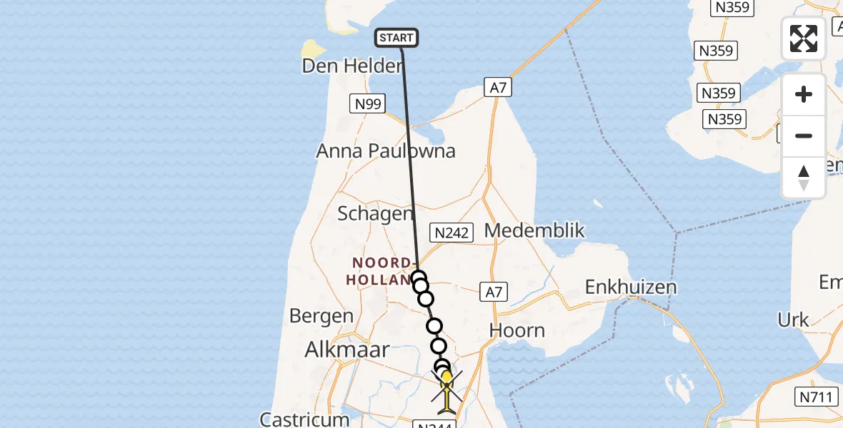 Routekaart van de vlucht: Politiehelikopter naar Noordbeemster