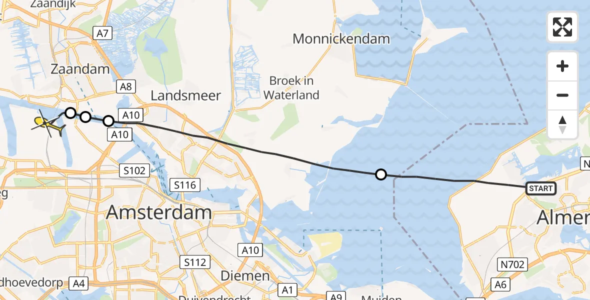 Routekaart van de vlucht: Lifeliner 1 naar Amsterdam Heliport