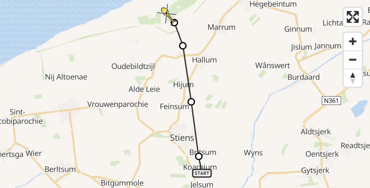 Routekaart van de vlucht: Ambulancehelikopter naar Marrum