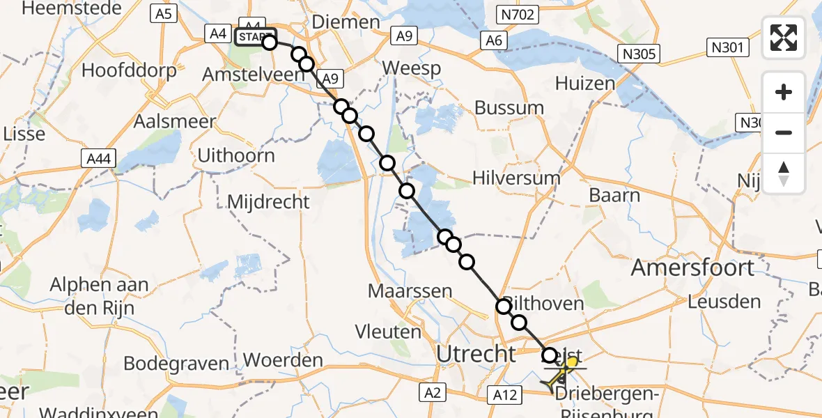 Routekaart van de vlucht: Lifeliner 1 naar Zeist