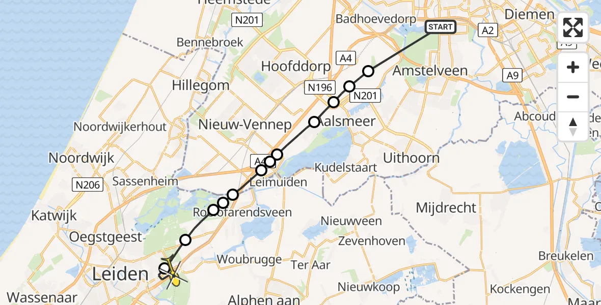 Routekaart van de vlucht: Lifeliner 1 naar Leiderdorp