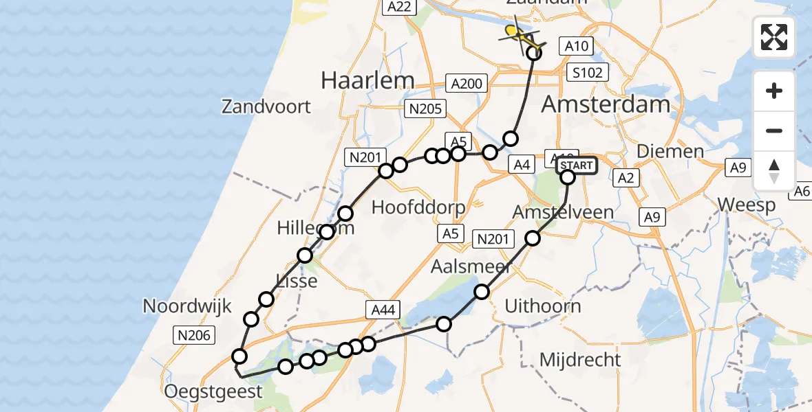 Routekaart van de vlucht: Lifeliner 1 naar Amsterdam Heliport