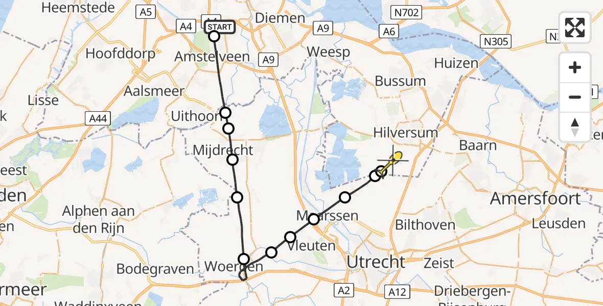 Routekaart van de vlucht: Lifeliner 1 naar Vliegveld Hilversum