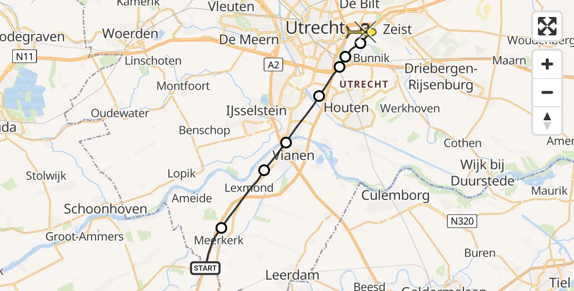 Routekaart van de vlucht: Lifeliner 2 naar Universitair Medisch Centrum Utrecht
