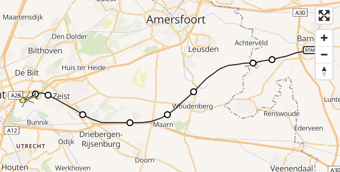 Routekaart van de vlucht: Lifeliner 3 naar Universitair Medisch Centrum Utrecht