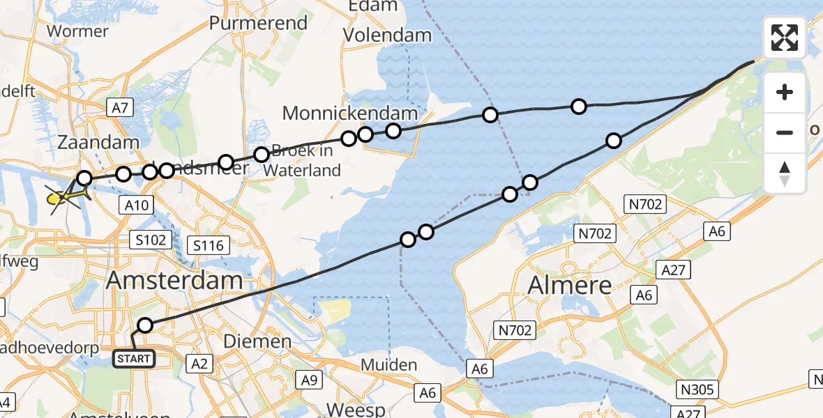 Routekaart van de vlucht: Lifeliner 1 naar Amsterdam Heliport