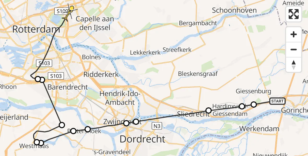 Routekaart van de vlucht: Politieheli naar Rotterdam