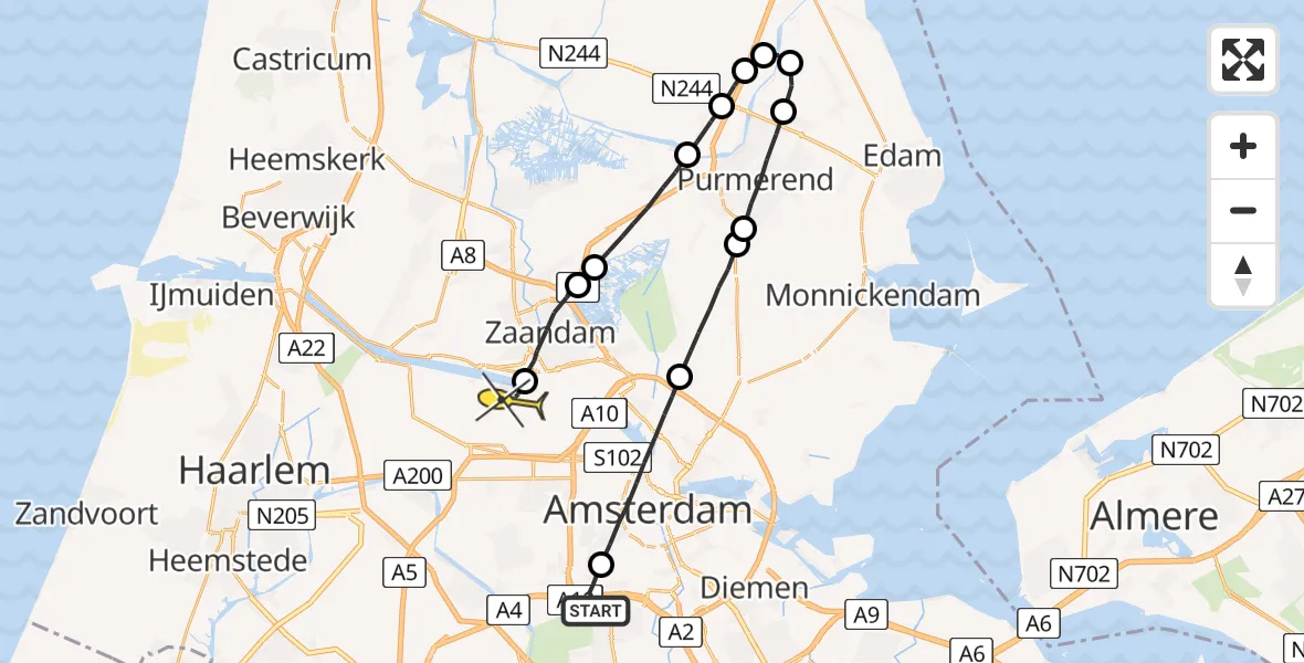 Routekaart van de vlucht: Lifeliner 1 naar Amsterdam Heliport