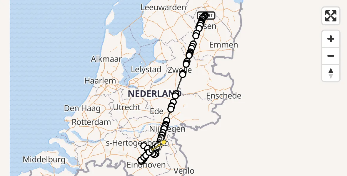 Routekaart van de vlucht: Politiehelikopter naar Vliegbasis Volkel