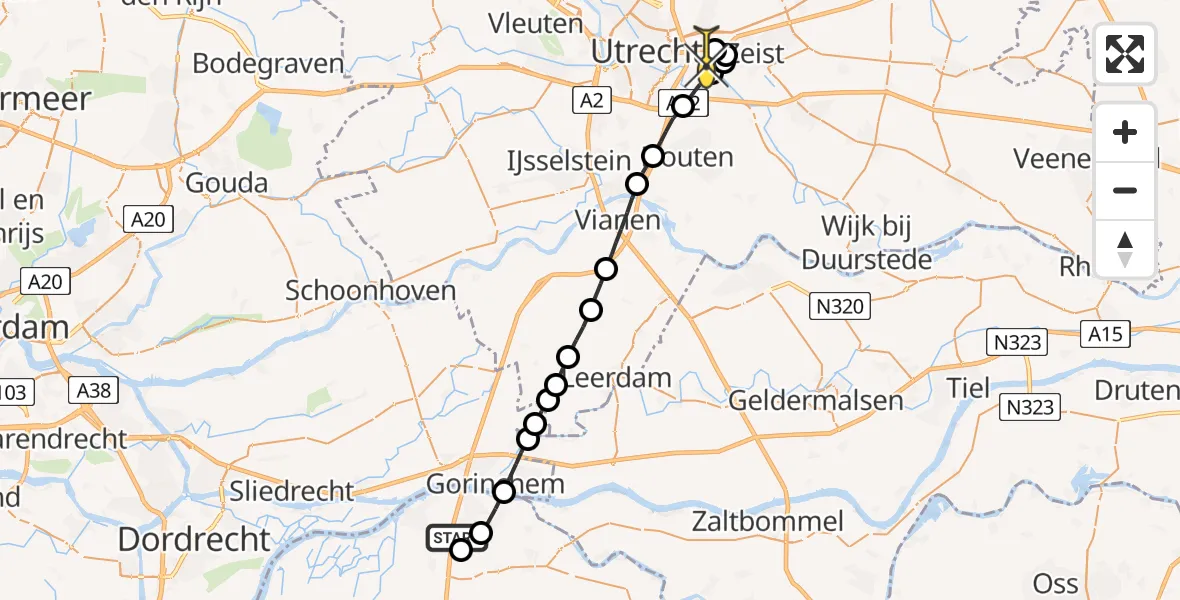 Routekaart van de vlucht: Lifeliner 1 naar Universitair Medisch Centrum Utrecht