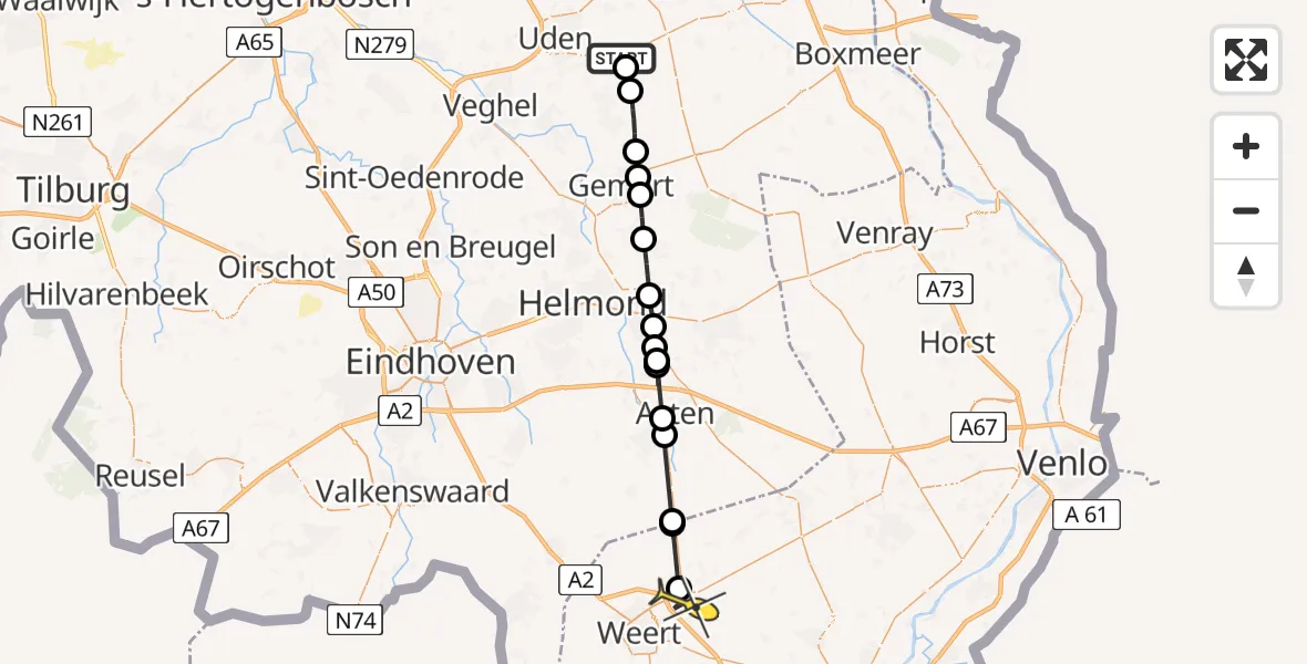 Routekaart van de vlucht: Politieheli naar Nederweert