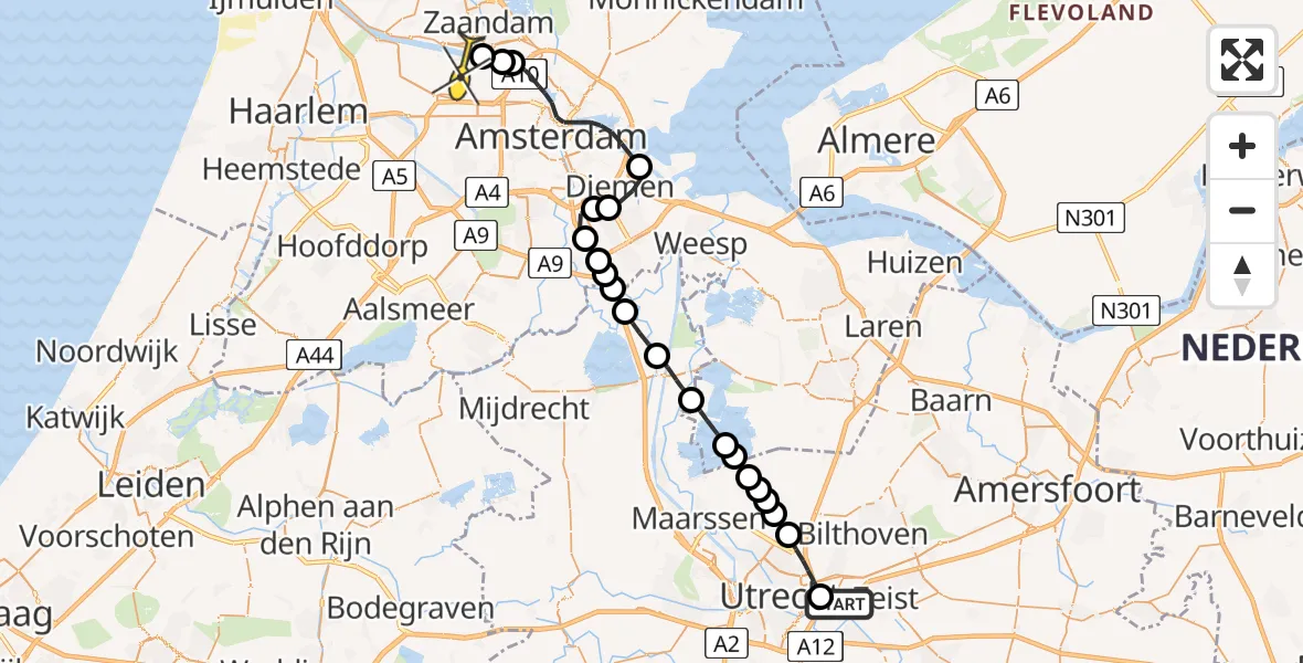 Routekaart van de vlucht: Lifeliner 1 naar Amsterdam Heliport