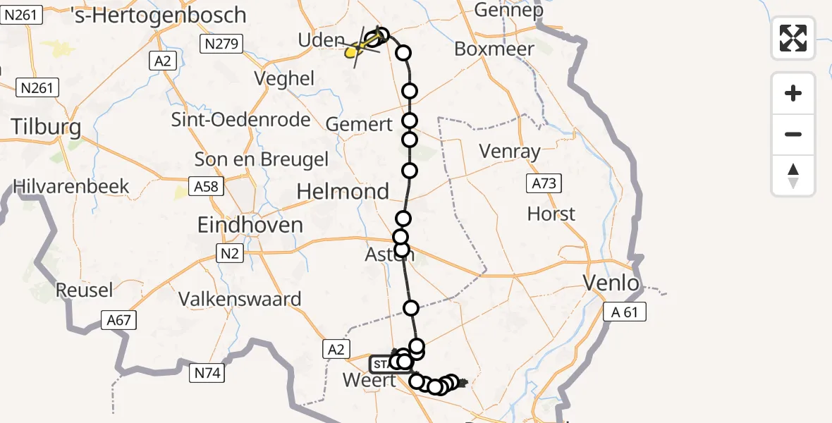 Routekaart van de vlucht: Politieheli naar Vliegbasis Volkel