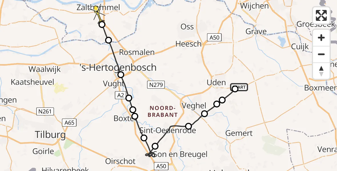 Routekaart van de vlucht: Politiehelikopter naar Zaltbommel