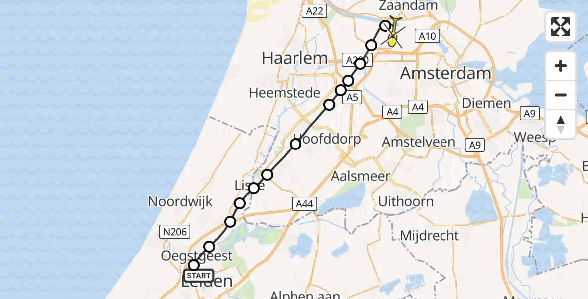 Routekaart van de vlucht: Lifeliner 1 naar Amsterdam Heliport