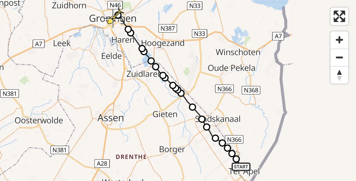 Routekaart van de vlucht: Lifeliner 4 naar Universitair Medisch Centrum Groningen