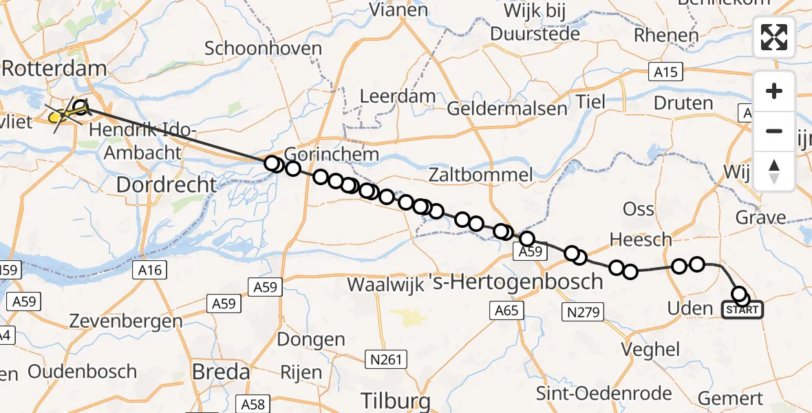 Routekaart van de vlucht: Politieheli naar Rotterdam