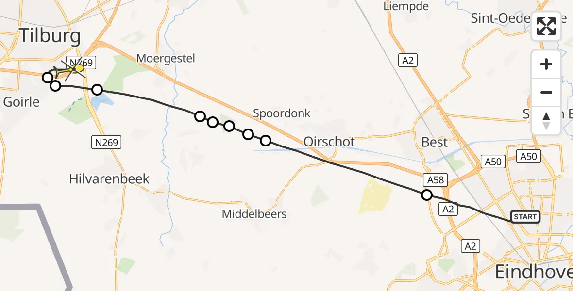 Routekaart van de vlucht: Lifeliner 3 naar Tilburg