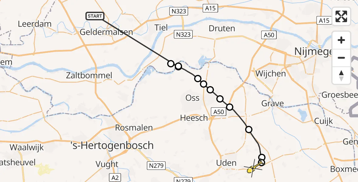 Routekaart van de vlucht: Politieheli naar Vliegbasis Volkel