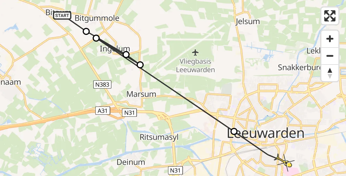 Routekaart van de vlucht: Ambulancehelikopter naar Leeuwarden